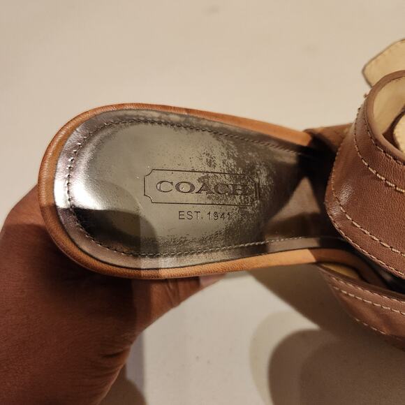 Coach Sz 8.5 Kensington Open Toe Slingback Platform Sandals Tan Leather Boho - Picture 8 of 10